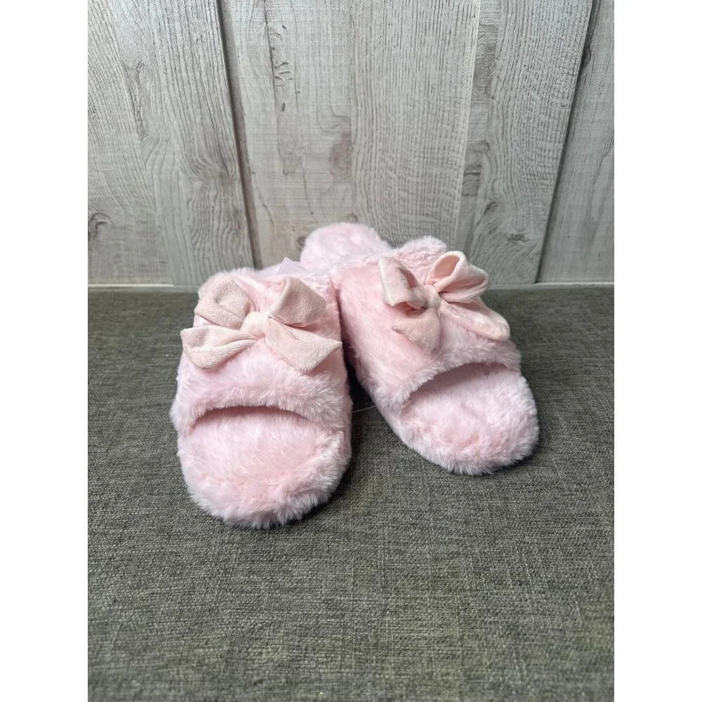Womens Fuzzy Open Toe Pink Slippers Bow Trim Non-Slip Sole Size M 8-10 - Picture 1 of 7